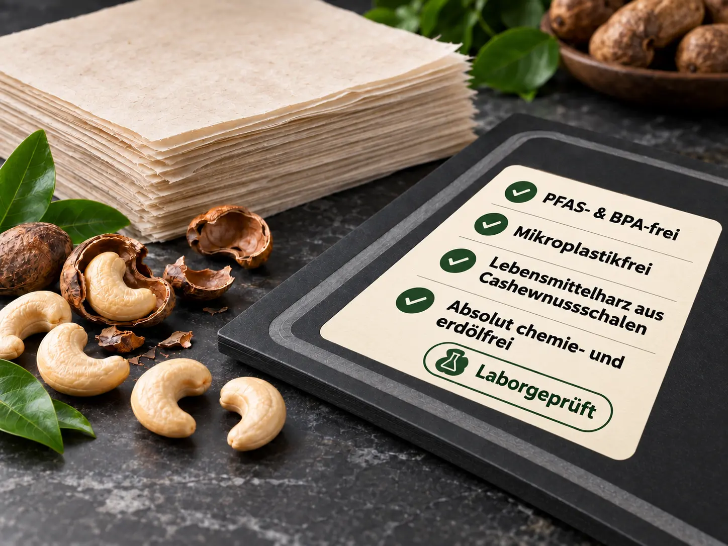 pro planche Schneidebrett aus Papierlagen mit Cashewnussschalen und geprüften Materialeigenschaften