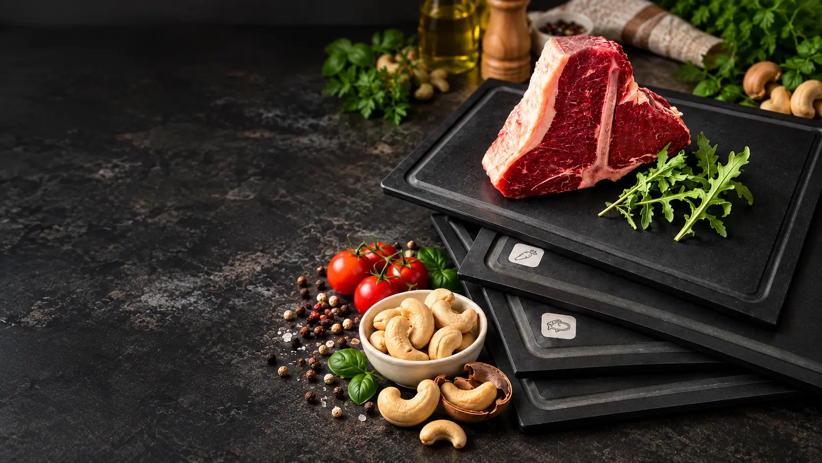Pro-Planche-Schneidebretter mit Cashewnüssen und Cashewnussschalen